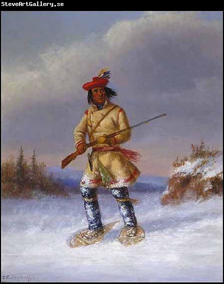 Cornelius Krieghoff Indian Trapper with Red Feathered Cap in Winter
